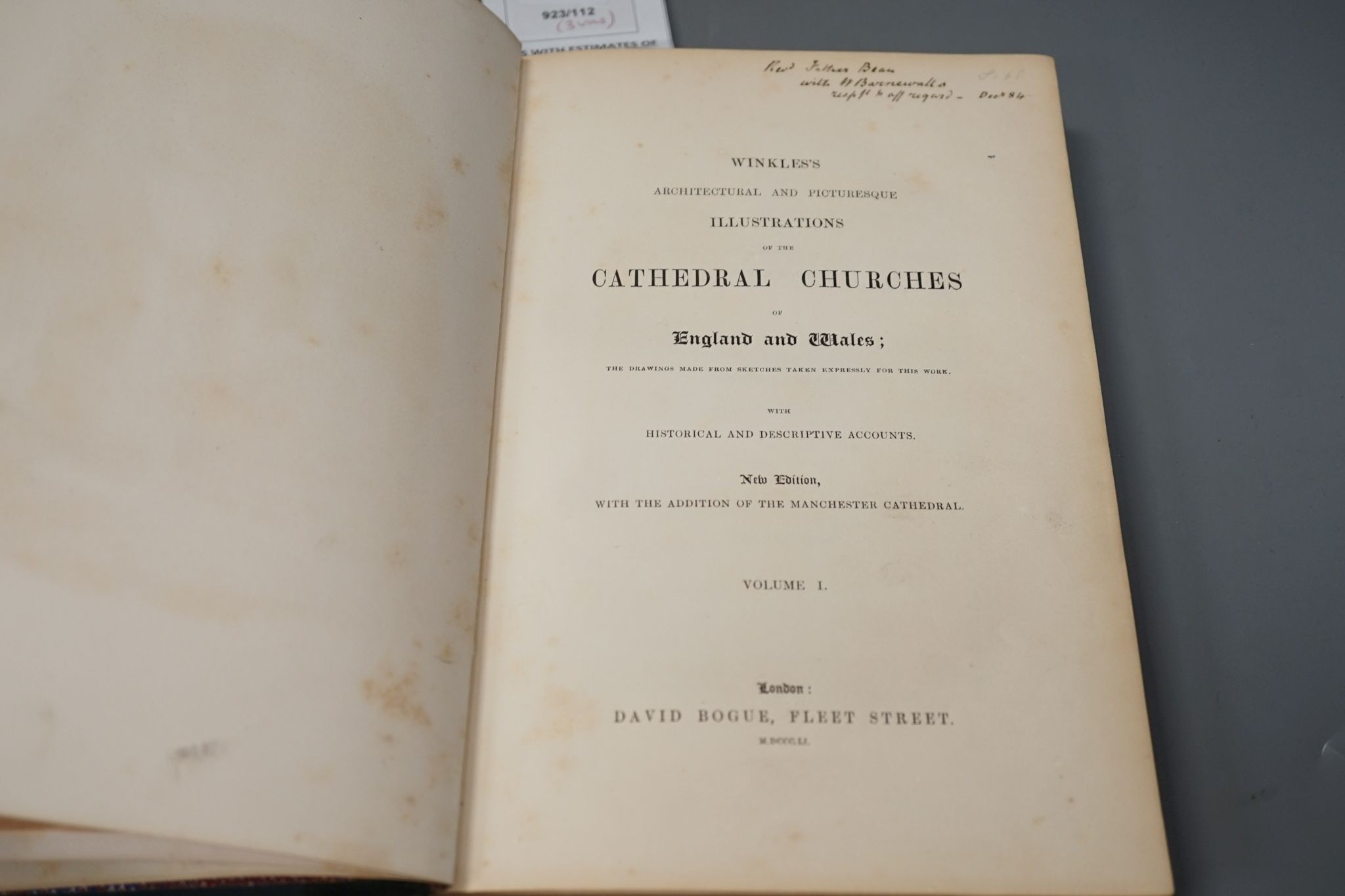 Winkle's Architectural and Picturesque Illustrations of Cathedral Churches ... new edition, 3 vols. pictorial engraved and printed titles, num. steel engraved plates, folded plans (etc.)